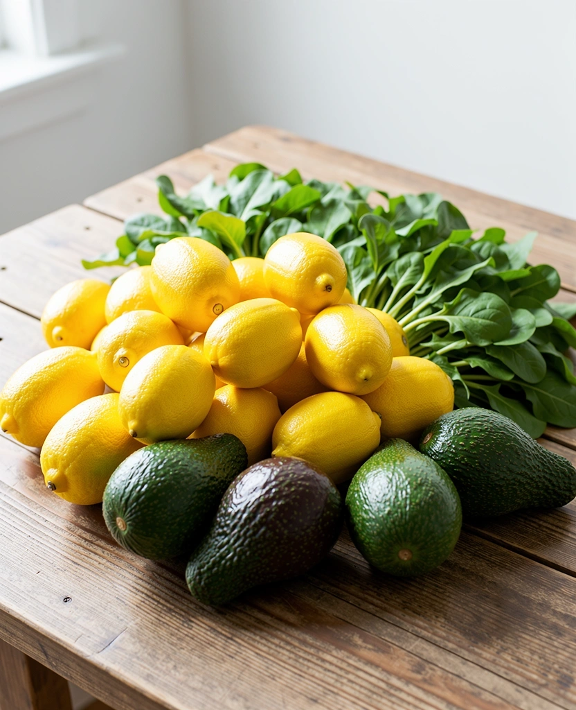 Frische, unverarbeitete Lebensmittel auf einem Holztisch
